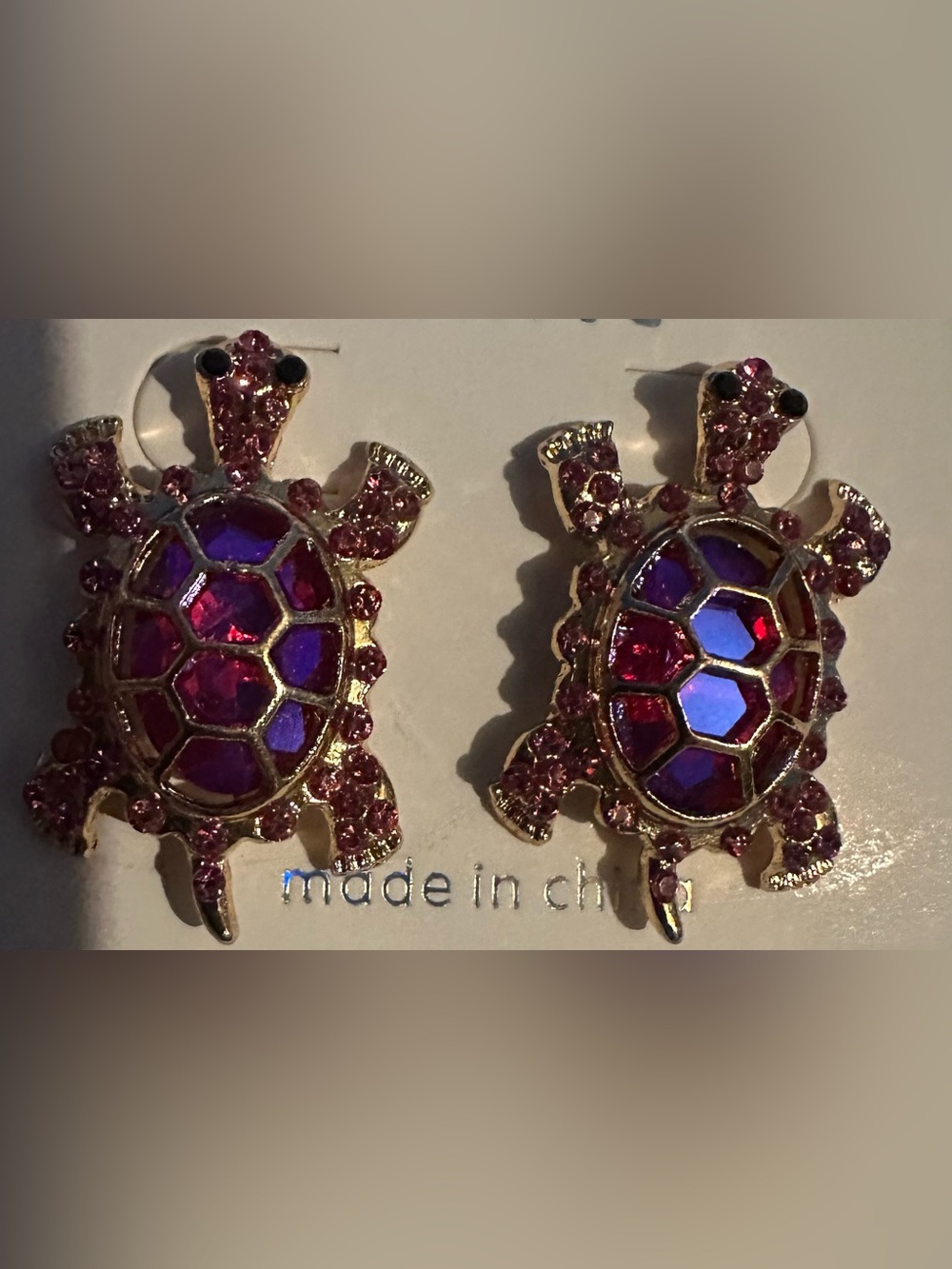 Gold-Tone Turtle Stud Earrings with Fuchsia Crystals